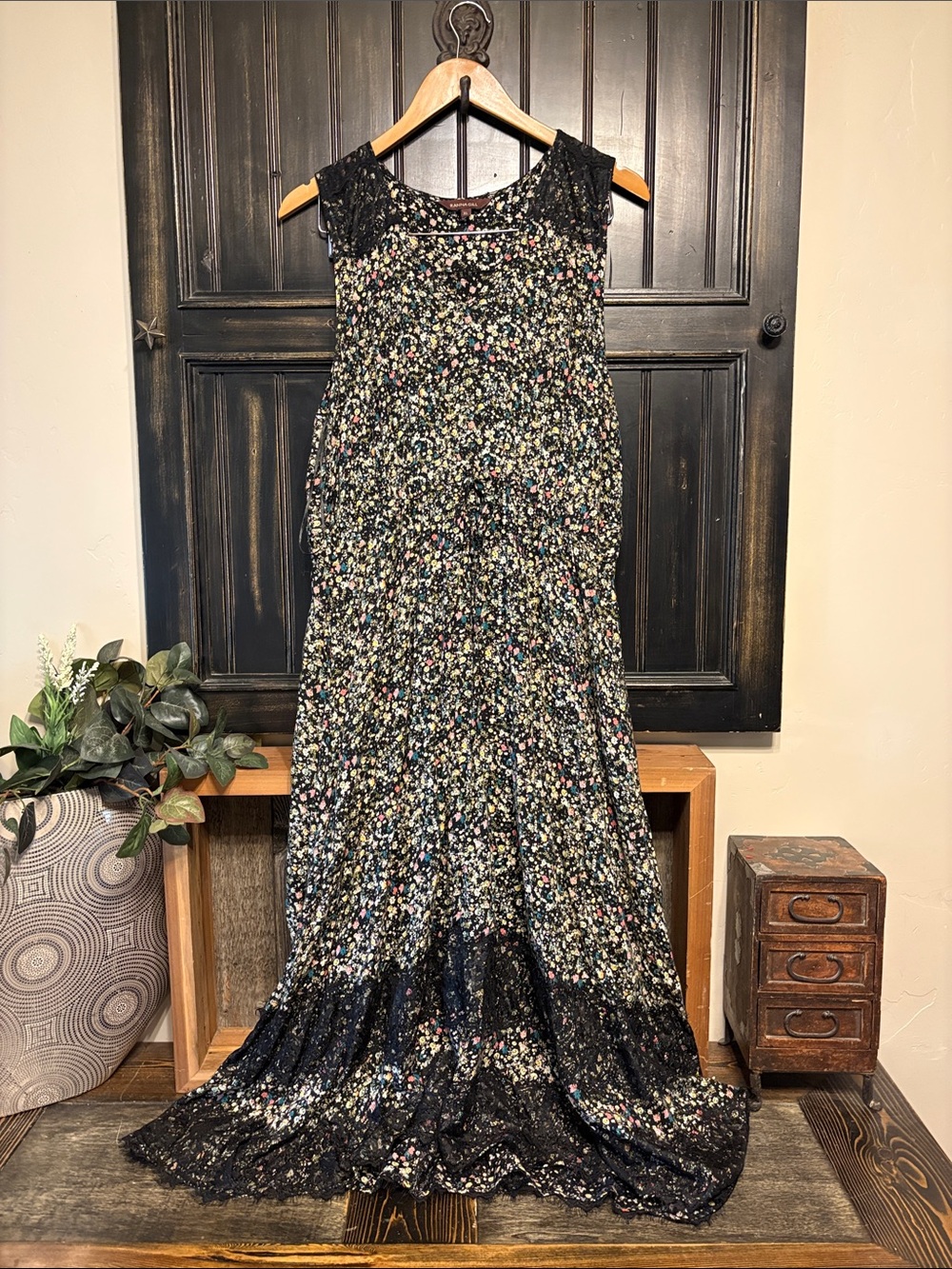 Anthropologie Ranna Gill Black Floral Lace-Trim Maxi Dress XL